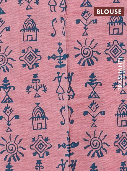 Teal Green & Peach Semi Silk Cotton Saree - Printed