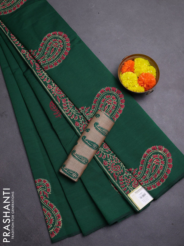 Green & Beige Semi Silk Cotton Saree - Printed