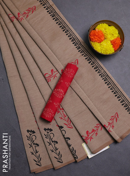 Sandal & Red Semi Silk Cotton Saree - Printed
