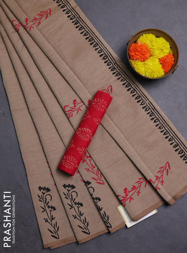 Sandal & Red Semi Silk Cotton Saree - Printed