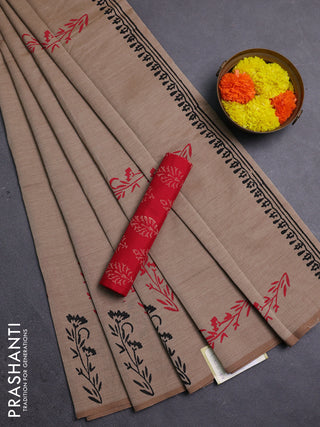Sandal & Red Semi Silk Cotton Saree - Printed