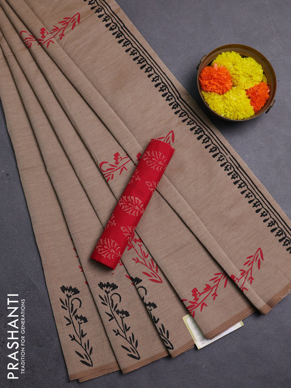 Sandal & Red Semi Silk Cotton Saree - Printed
