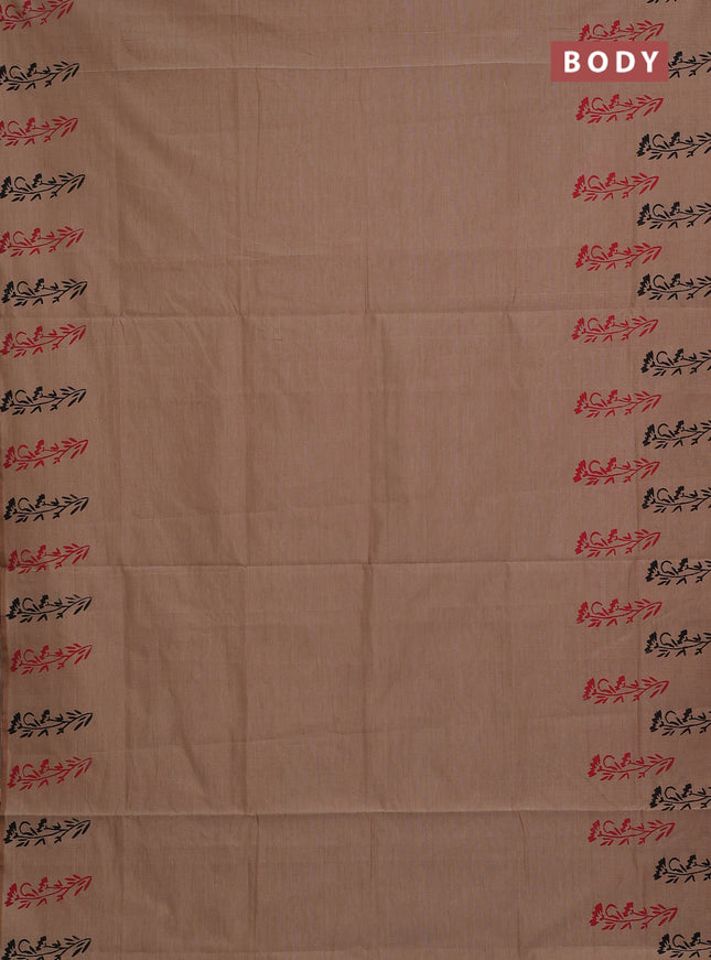 Sandal & Red Semi Silk Cotton Saree - Printed