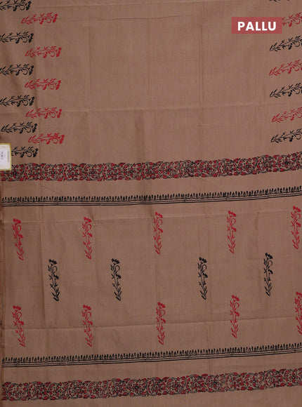 Sandal & Red Semi Silk Cotton Saree - Printed