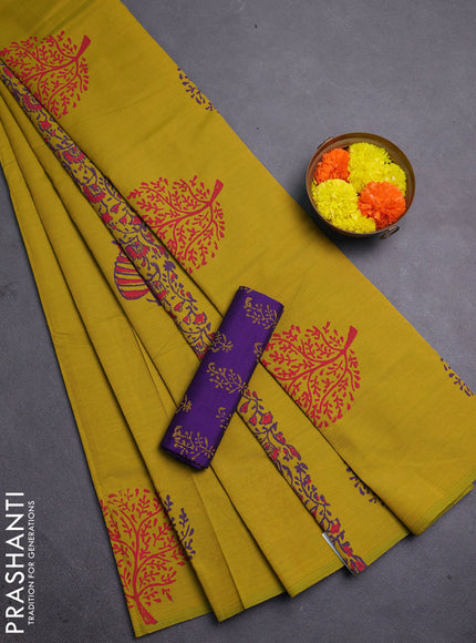 Mustard Yellow & Purple Semi Silk Cotton Saree - Printed
