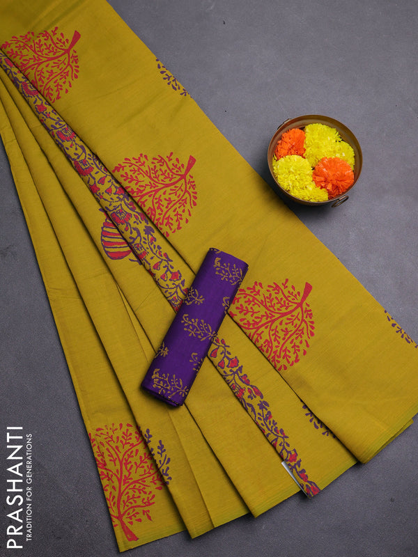 Mustard Yellow & Purple Semi Silk Cotton Saree - Printed