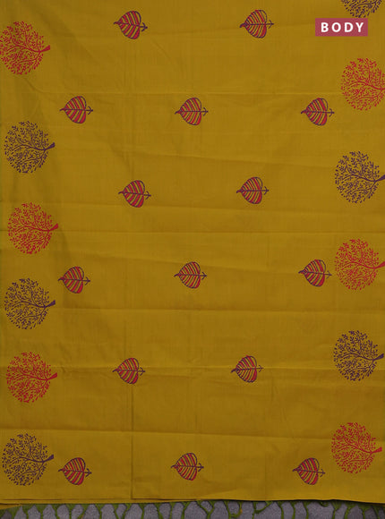 Mustard Yellow & Purple Semi Silk Cotton Saree - Printed