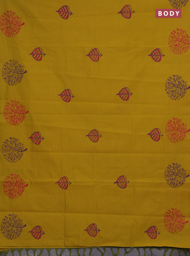 Mustard Yellow & Purple Semi Silk Cotton Saree - Printed