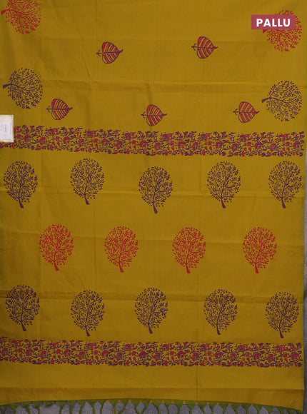 Mustard Yellow & Purple Semi Silk Cotton Saree - Printed