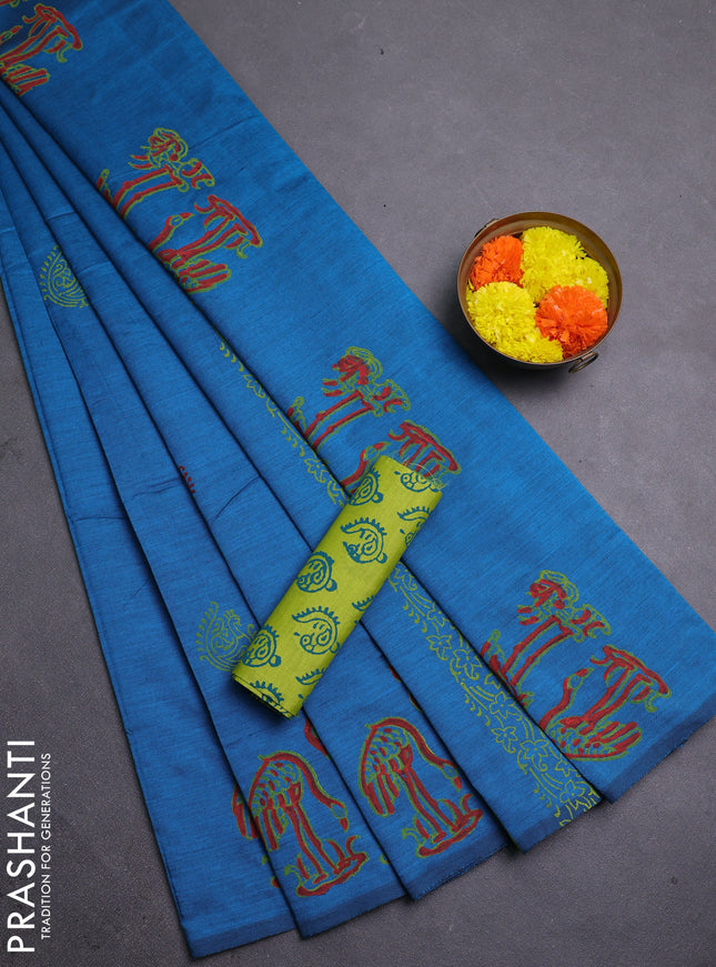 Peacock Blue & Lime Green Semi Silk Cotton Saree - Printed