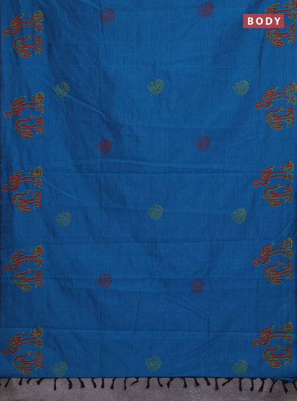 Peacock Blue & Lime Green Semi Silk Cotton Saree - Printed