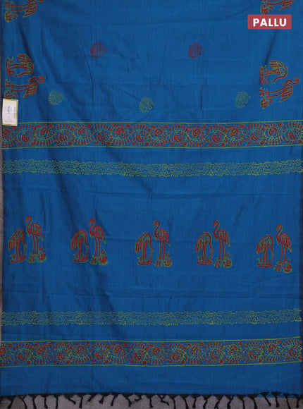 Peacock Blue & Lime Green Semi Silk Cotton Saree - Printed