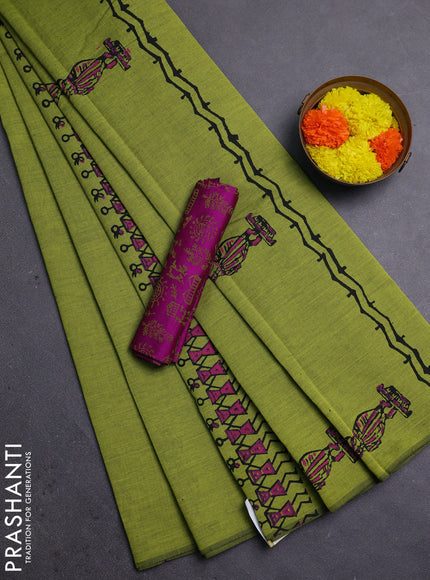 Lime Green & Pink Semi Silk Cotton Saree - Printed