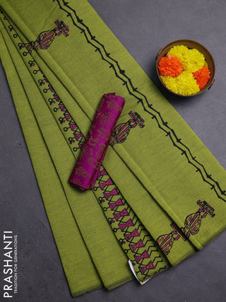 Lime Green & Pink Semi Silk Cotton Saree - Printed