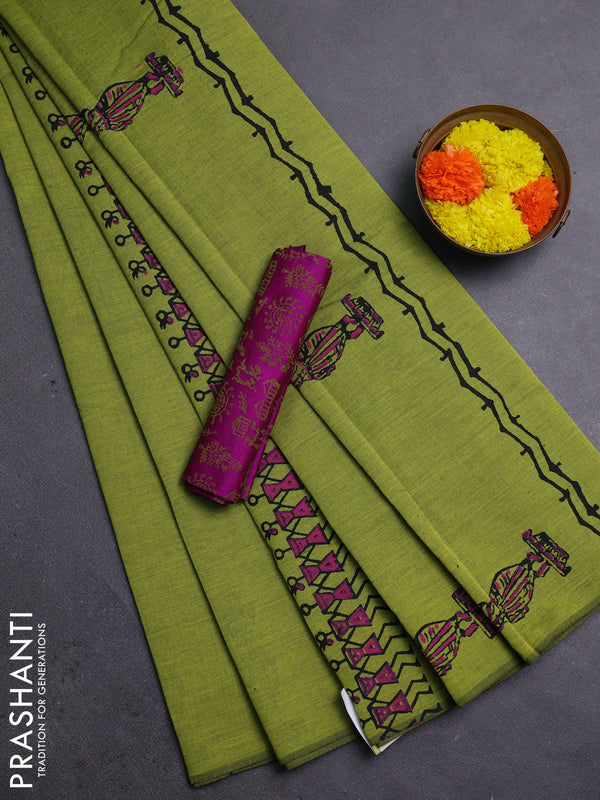 Lime Green & Pink Semi Silk Cotton Saree - Printed