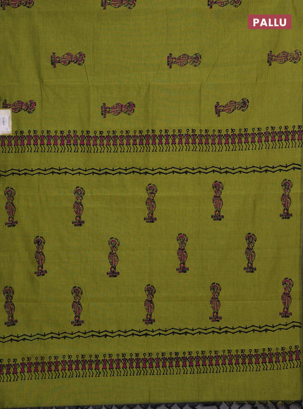 Lime Green & Pink Semi Silk Cotton Saree - Printed