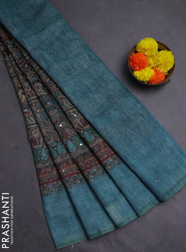 Peacock Green Semi Linen Saree - Madhubani Prints