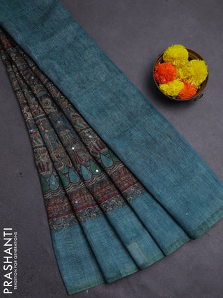 Peacock Green Semi Linen Saree - Madhubani Prints