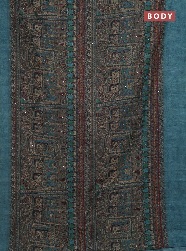 Peacock Green Semi Linen Saree - Madhubani Prints