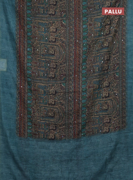 Peacock Green Semi Linen Saree - Madhubani Prints