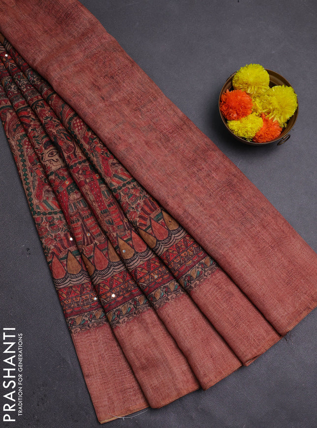 Peach Semi Linen Saree - Madhubani Prints