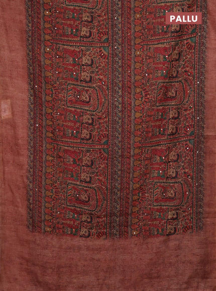 Peach Semi Linen Saree - Madhubani Prints