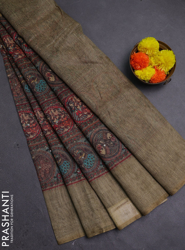 Mehendi Green Semi Linen Saree - Madhubani Prints