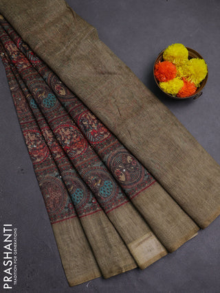 Mehendi Green Semi Linen Saree - Madhubani Prints