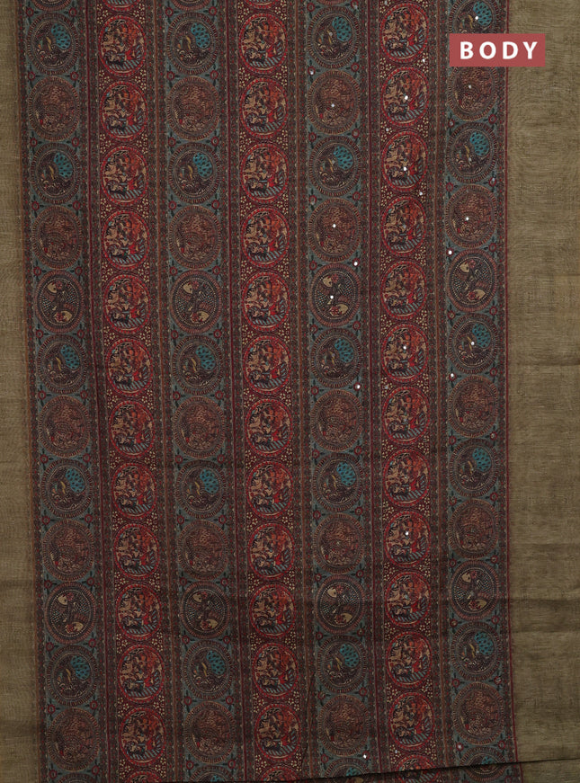 Mehendi Green Semi Linen Saree - Madhubani Prints