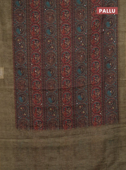 Mehendi Green Semi Linen Saree - Madhubani Prints