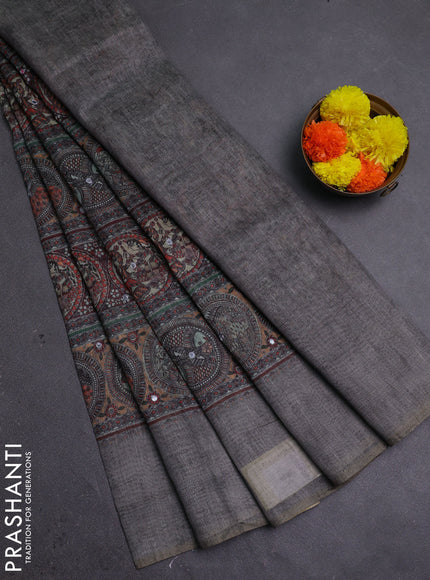 Grey Semi Linen Saree - Madhubani Prints