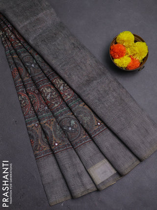 Grey Semi Linen Saree - Madhubani Prints