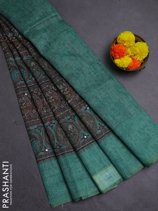 Teal Green Semi Linen Saree - Madhubani Prints