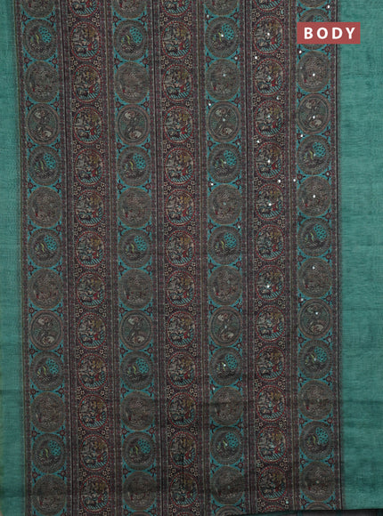 Teal Green Semi Linen Saree - Madhubani Prints