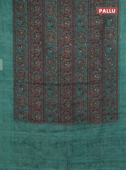 Teal Green Semi Linen Saree - Madhubani Prints
