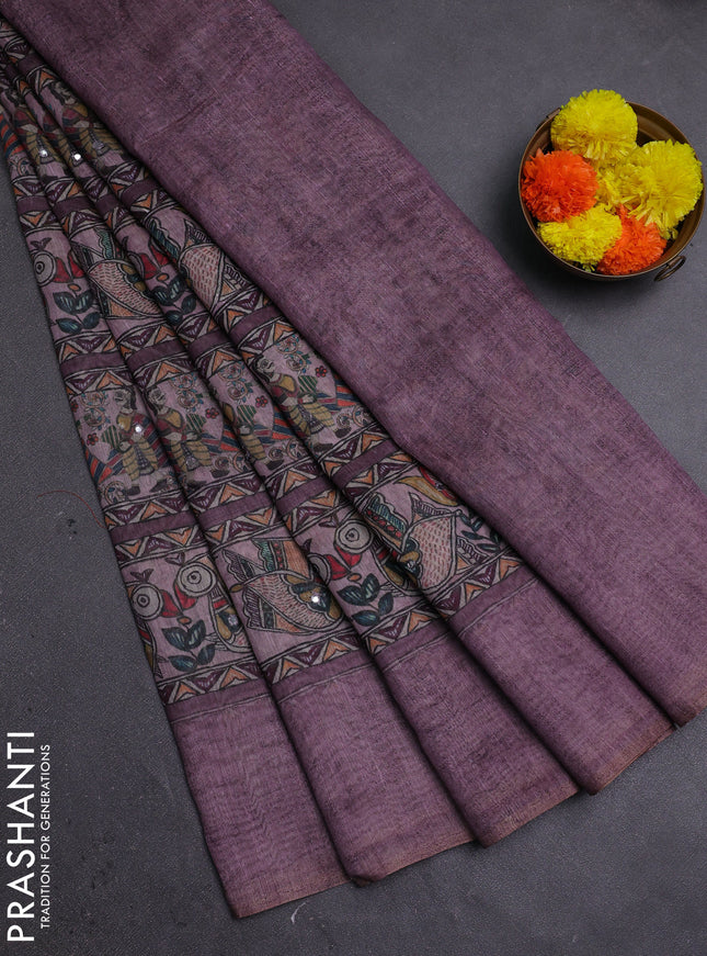 Mauve Pink Semi Linen Saree - Madhubani Prints