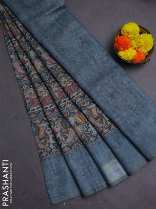 Pastel Blue Semi Linen Saree - Madhubani Prints