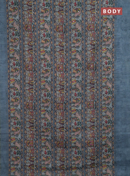 Pastel Blue Semi Linen Saree - Madhubani Prints