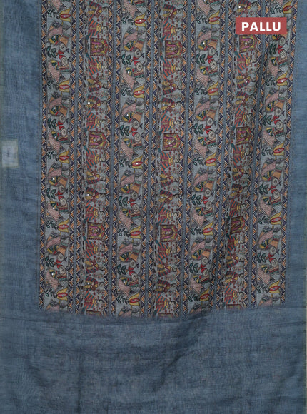 Pastel Blue Semi Linen Saree - Madhubani Prints