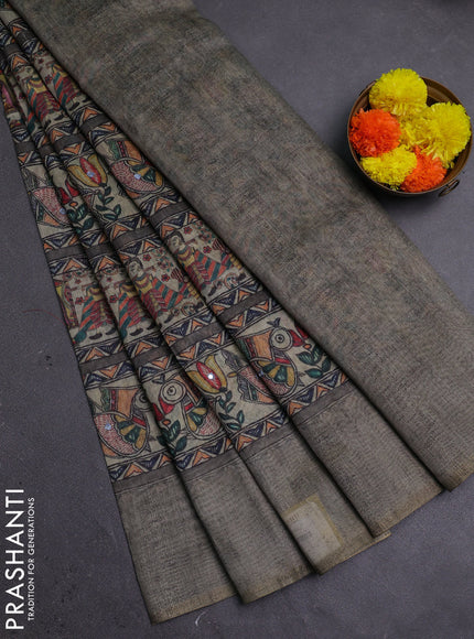 Greyish Green Semi Linen Saree - Madhubani Prints