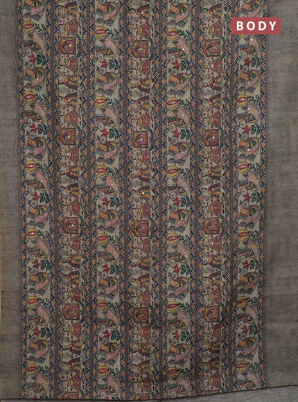 Greyish Green Semi Linen Saree - Madhubani Prints