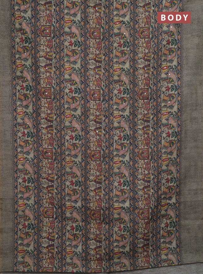 Greyish Green Semi Linen Saree - Madhubani Prints