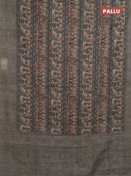 Greyish Green Semi Linen Saree - Madhubani Prints