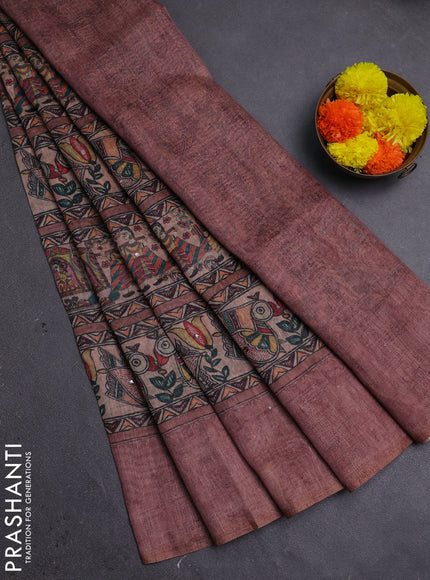 Pastel Brown Semi Linen Saree - Madhubani Prints