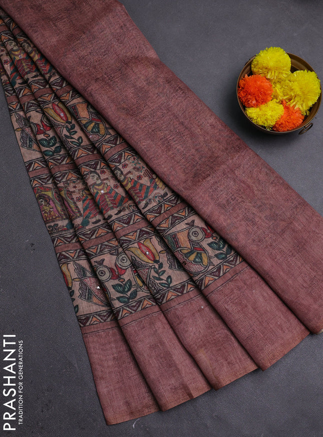 Pastel Brown Semi Linen Saree - Madhubani Prints