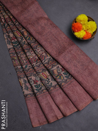 Pastel Brown Semi Linen Saree - Madhubani Prints