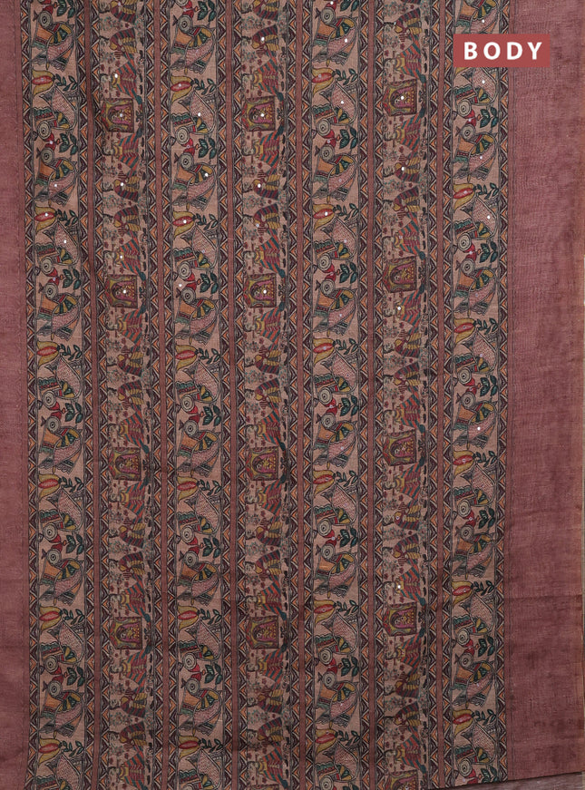 Pastel Brown Semi Linen Saree - Madhubani Prints