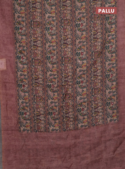 Pastel Brown Semi Linen Saree - Madhubani Prints