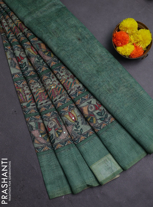 Green Semi Linen Saree - Madhubani Prints