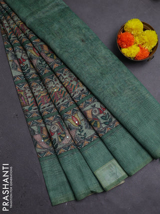 Green Semi Linen Saree - Madhubani Prints